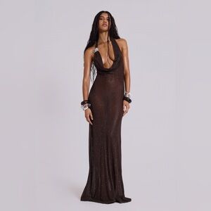 Jaded London Brown Moara Knit Plunge Maxi Dress, US 2 / UK 6